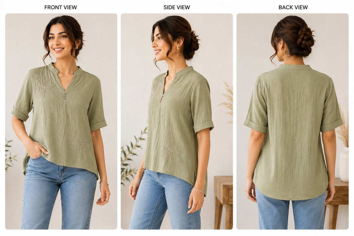 Women’s Olive Green Embroidered High-Low Top - ANS Billion