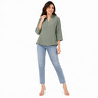 Women’s Olive Green Textured Shirt with Embellished Collar - ANS Billion