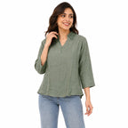 Women’s Olive Green Textured Shirt with Embellished Collar - ANS Billion