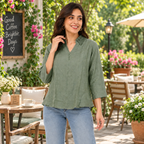 Women’s Olive Green Textured Shirt with Embellished Collar - ANS Billion