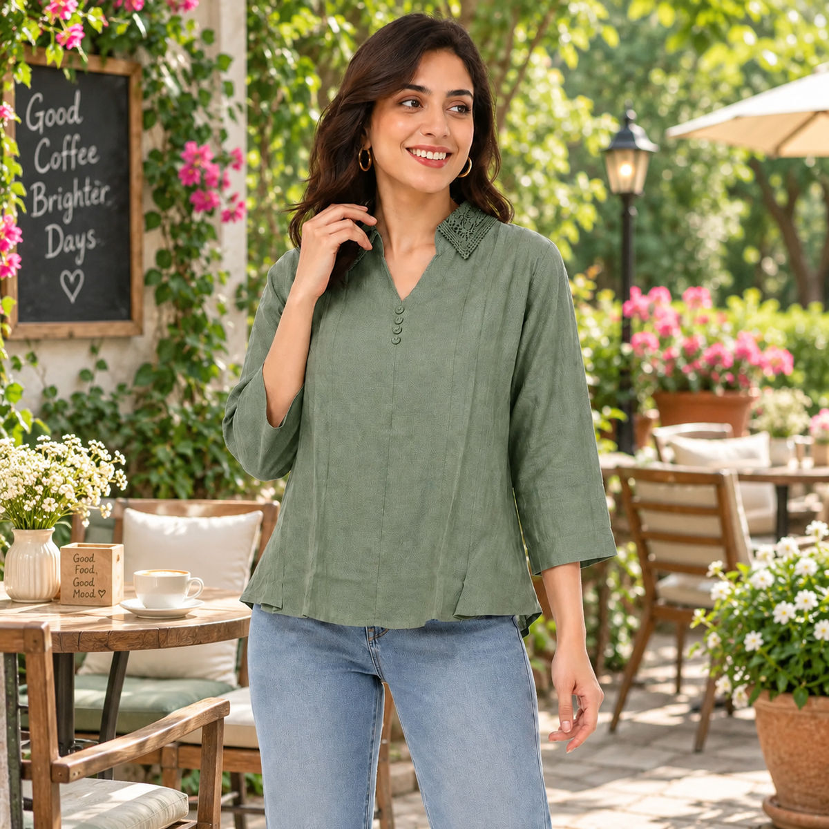 Women’s Olive Green Textured Shirt with Embellished Collar - ANS Billion