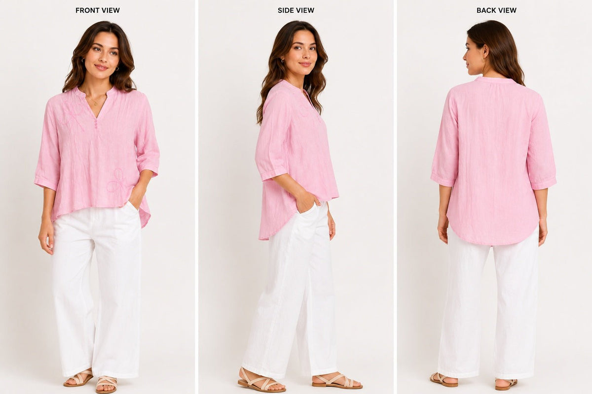 Women’s Pink Embroidered V-Neck Top - ANS Billion
