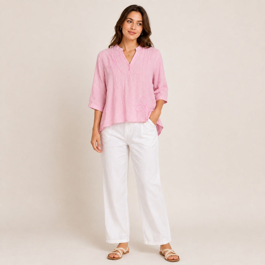 Women’s Pink Embroidered V-Neck Top - ANS Billion