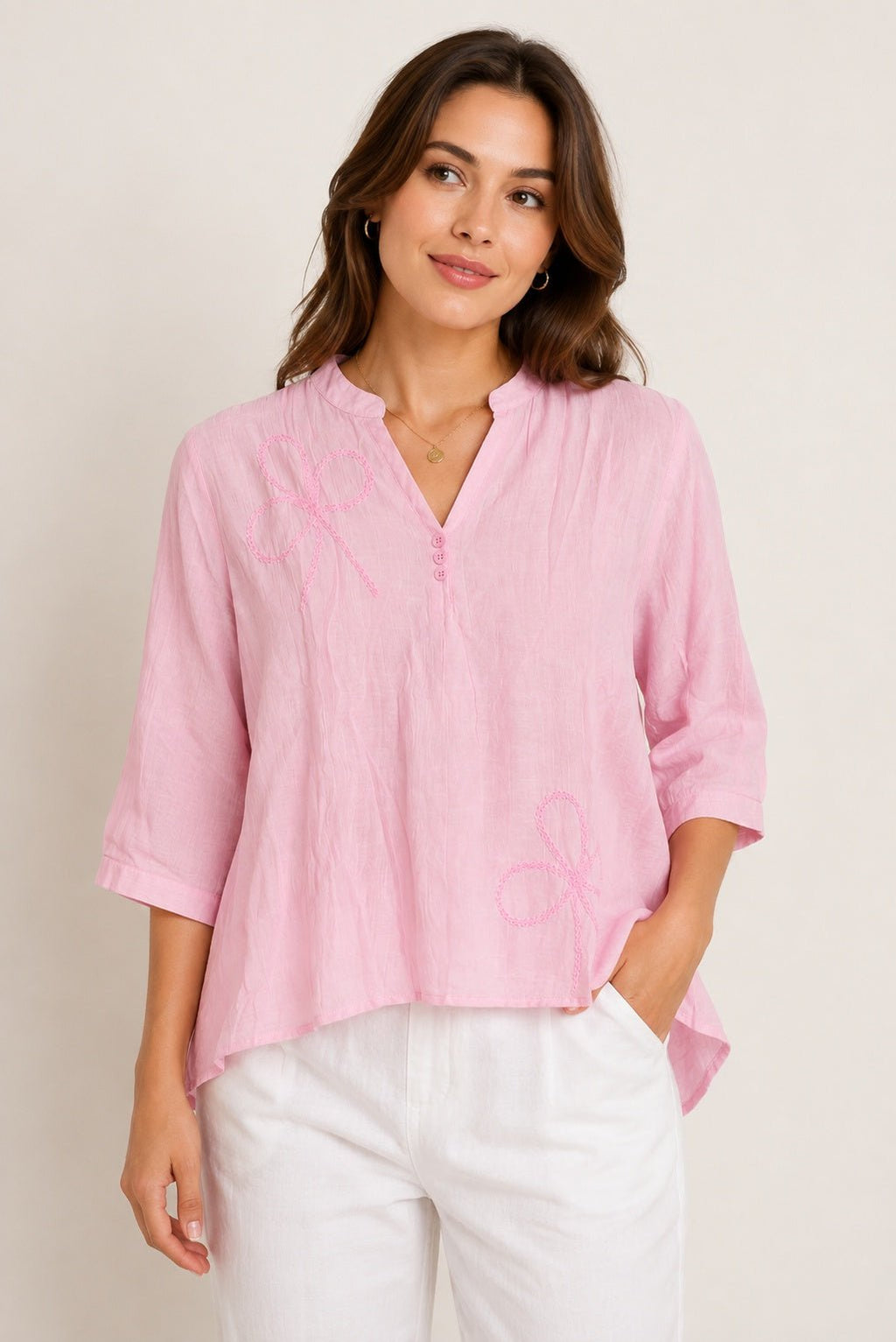 Women’s Pink Embroidered V-Neck Top - ANS Billion