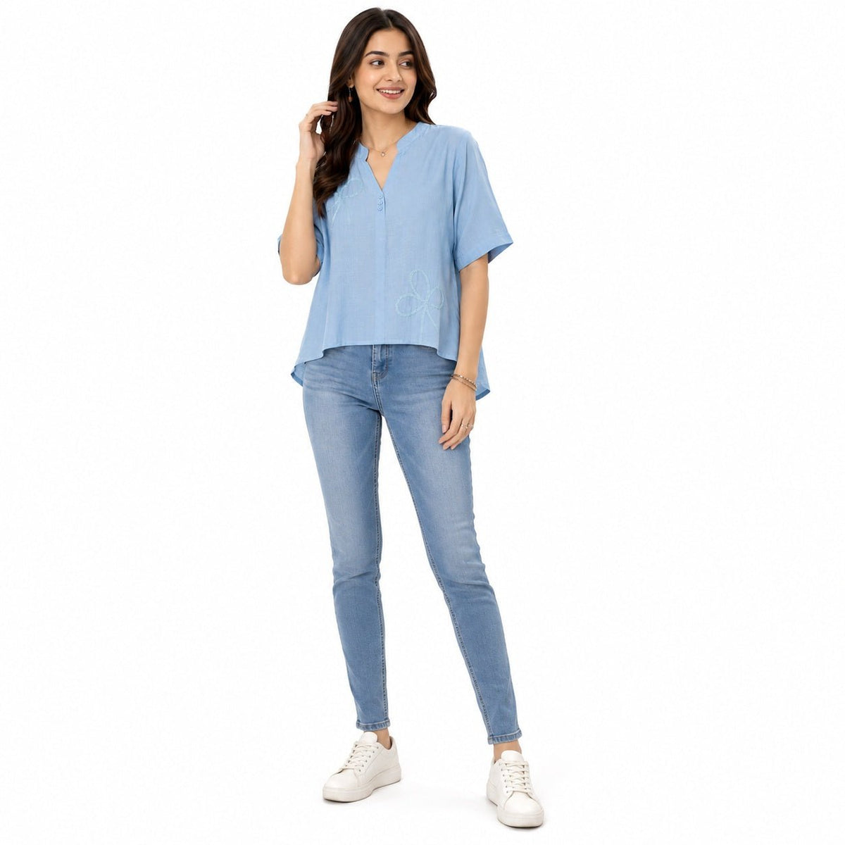 Women’s Sky Blue Embroidered High-Low Top - ANS Billion