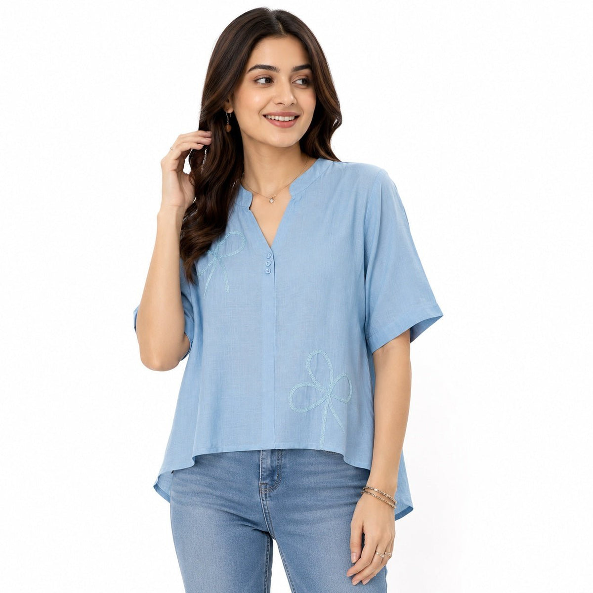 Women’s Sky Blue Embroidered High-Low Top - ANS Billion