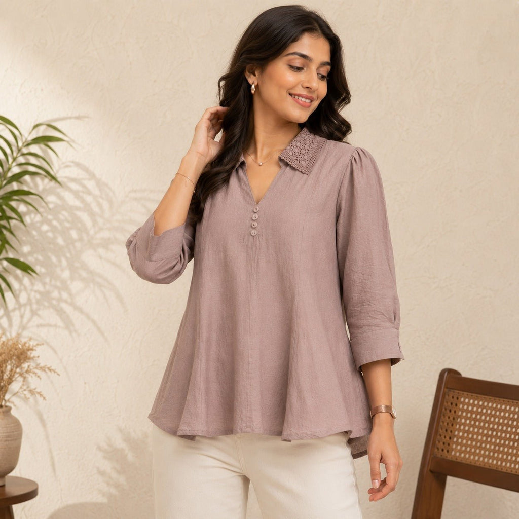 Women’s Taupe Brown Collared Tunic Top - ANS Billion
