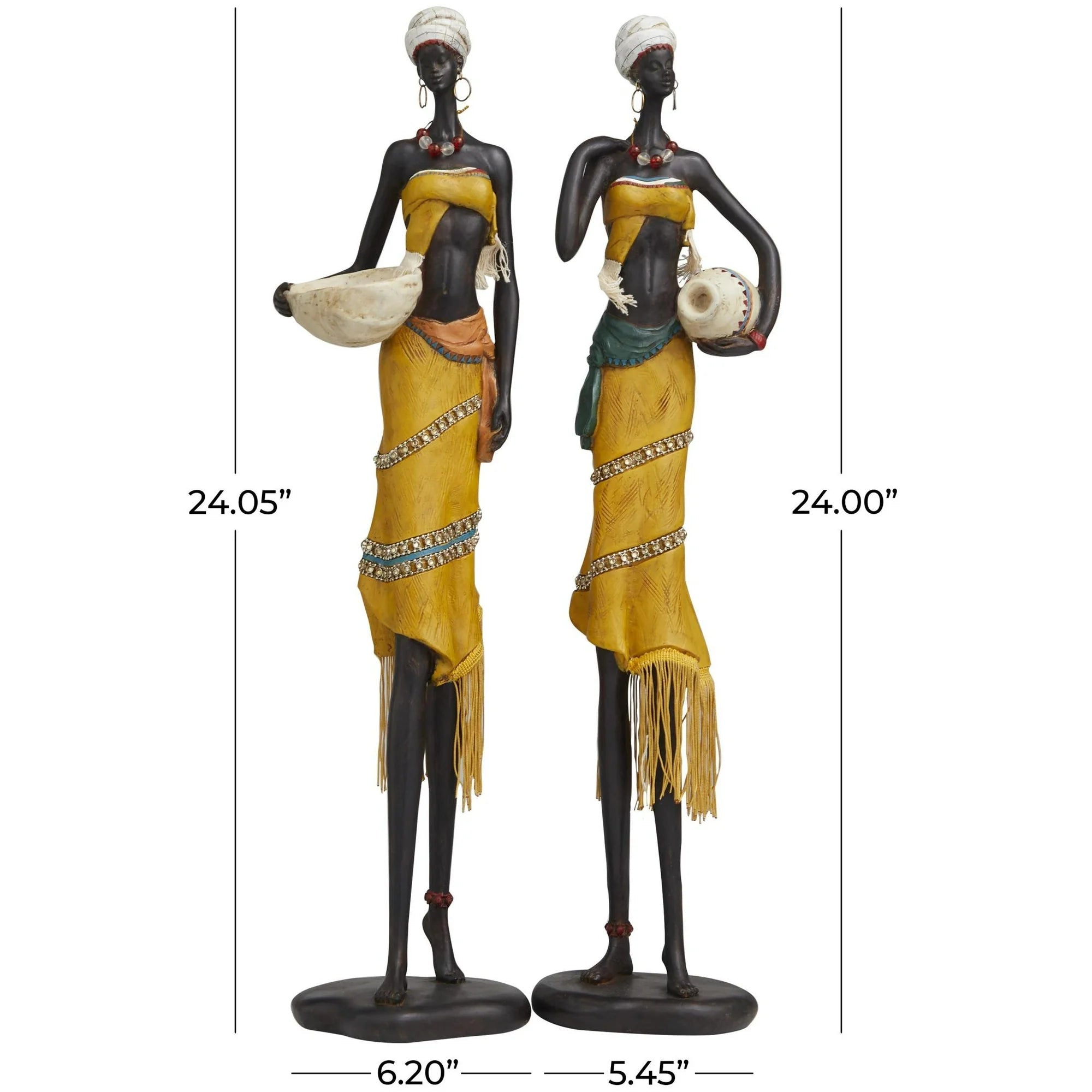 Yellow Polyresin Handmade African Woman Sculpture with Water Jugs and Jeweled Details, by DecMode - VNS Laxury