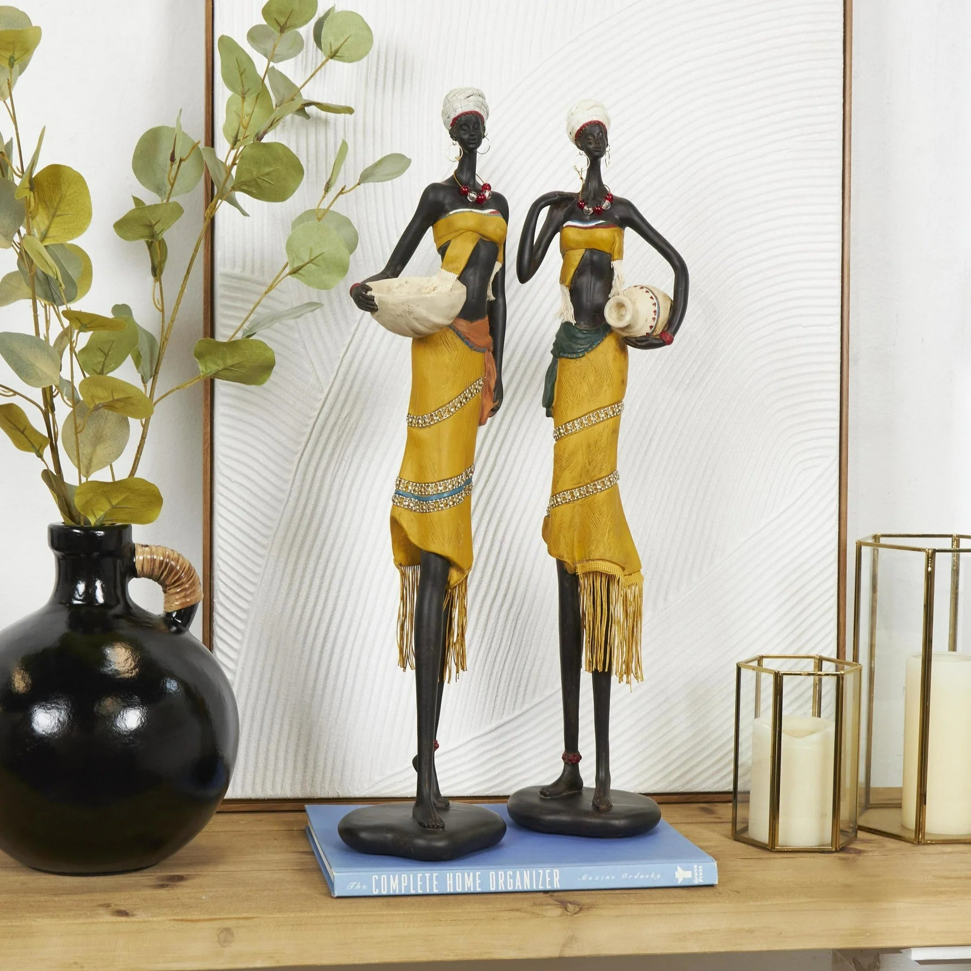 Yellow Polyresin Handmade African Woman Sculpture with Water Jugs and Jeweled Details, by DecMode - VNS Laxury