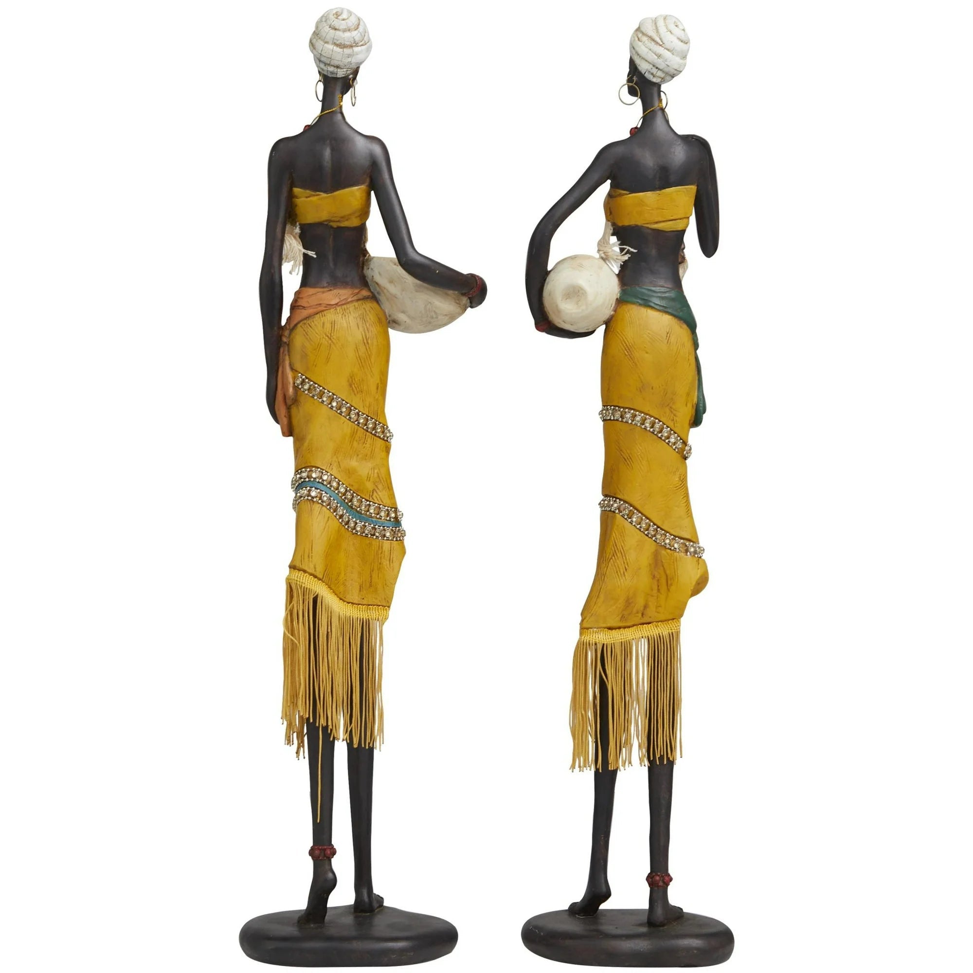 Yellow Polyresin Handmade African Woman Sculpture with Water Jugs and Jeweled Details, by DecMode - VNS Laxury